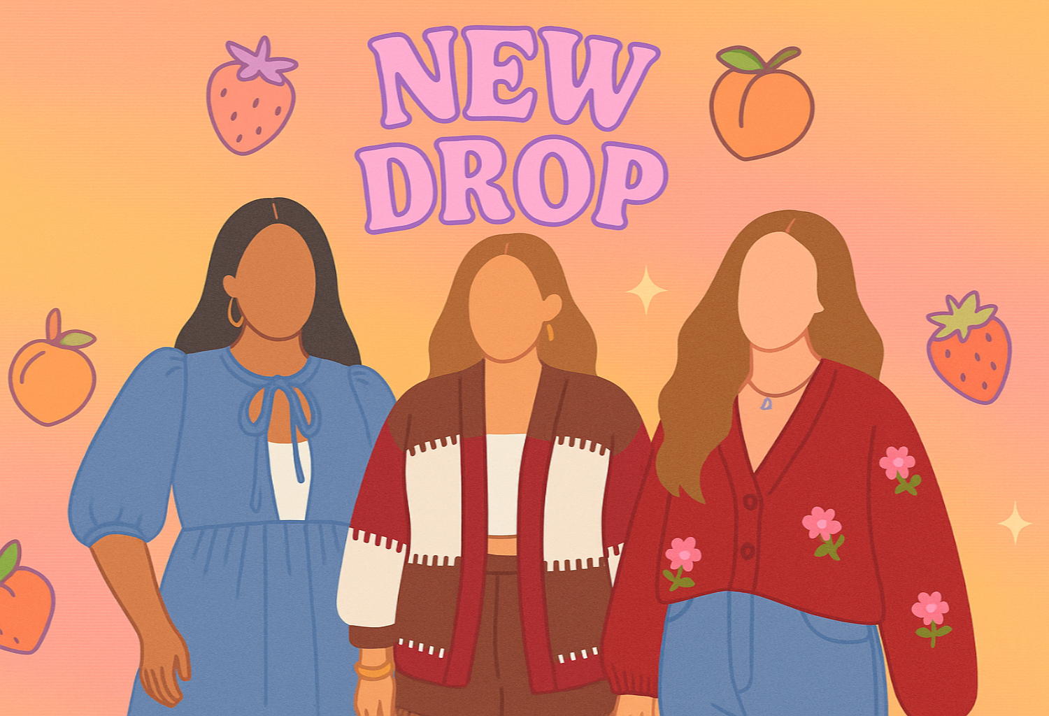 Three illustrated women standing together with fruit graphics and 'NEW DROP' text on a gradient background.