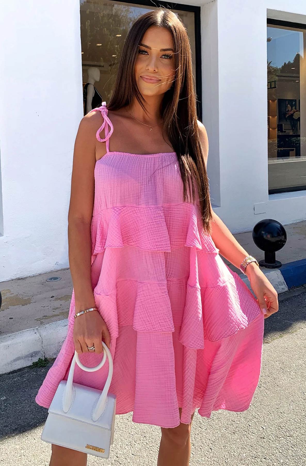 Pink Oversized Tiered Mini Dress