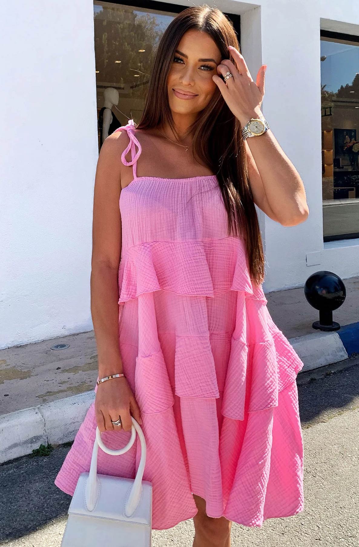 Pink Oversized Tiered Mini Dress