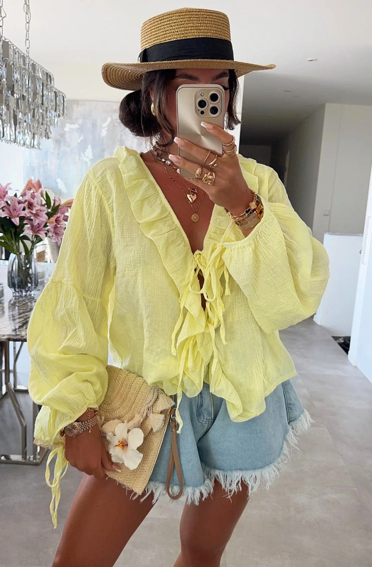 Yellow Frill Tie Up Blouse