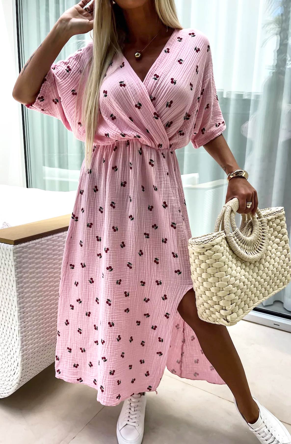Pink Midi Cherry Wrap Dress