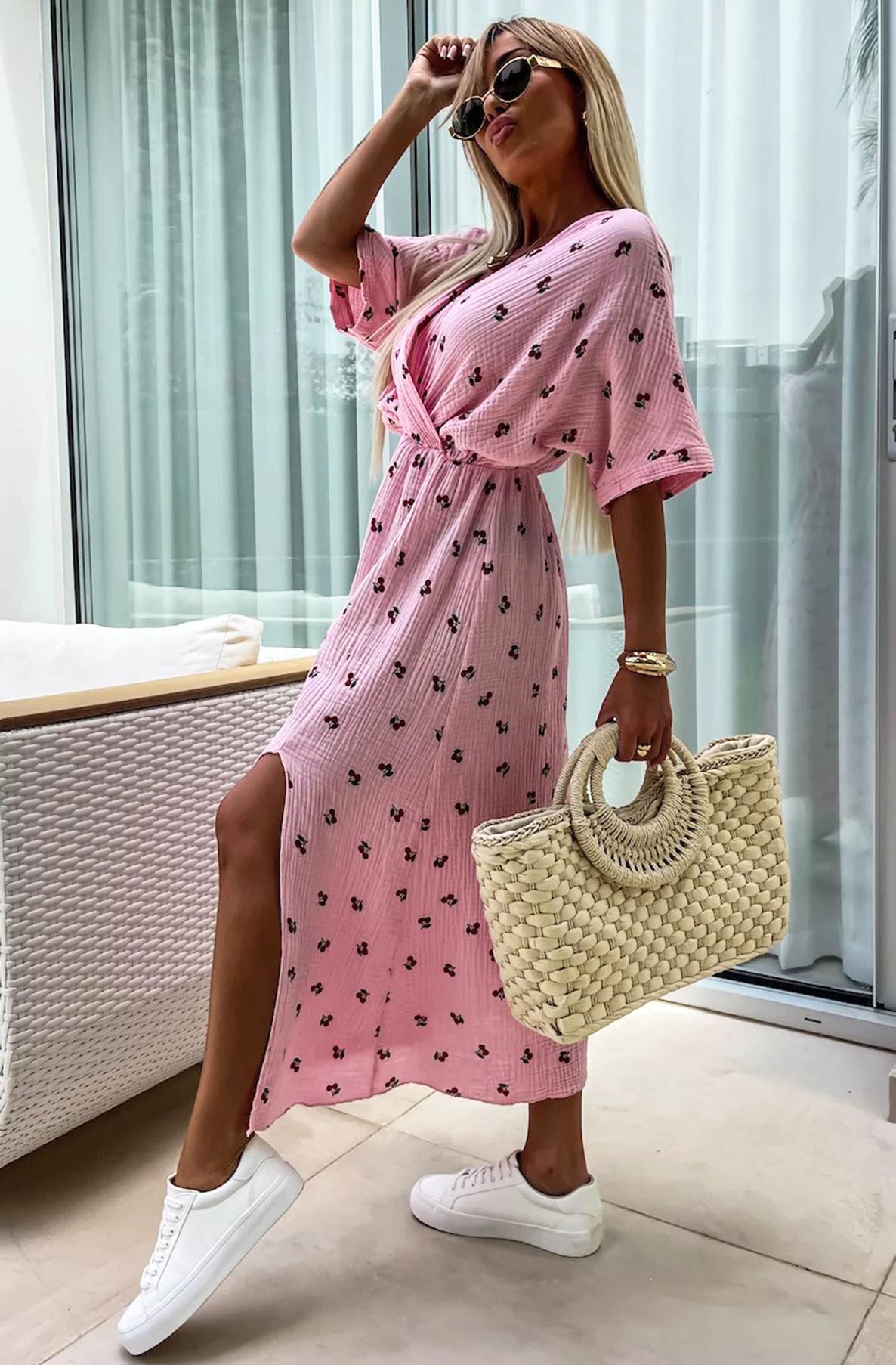 Pink Midi Cherry Wrap Dress