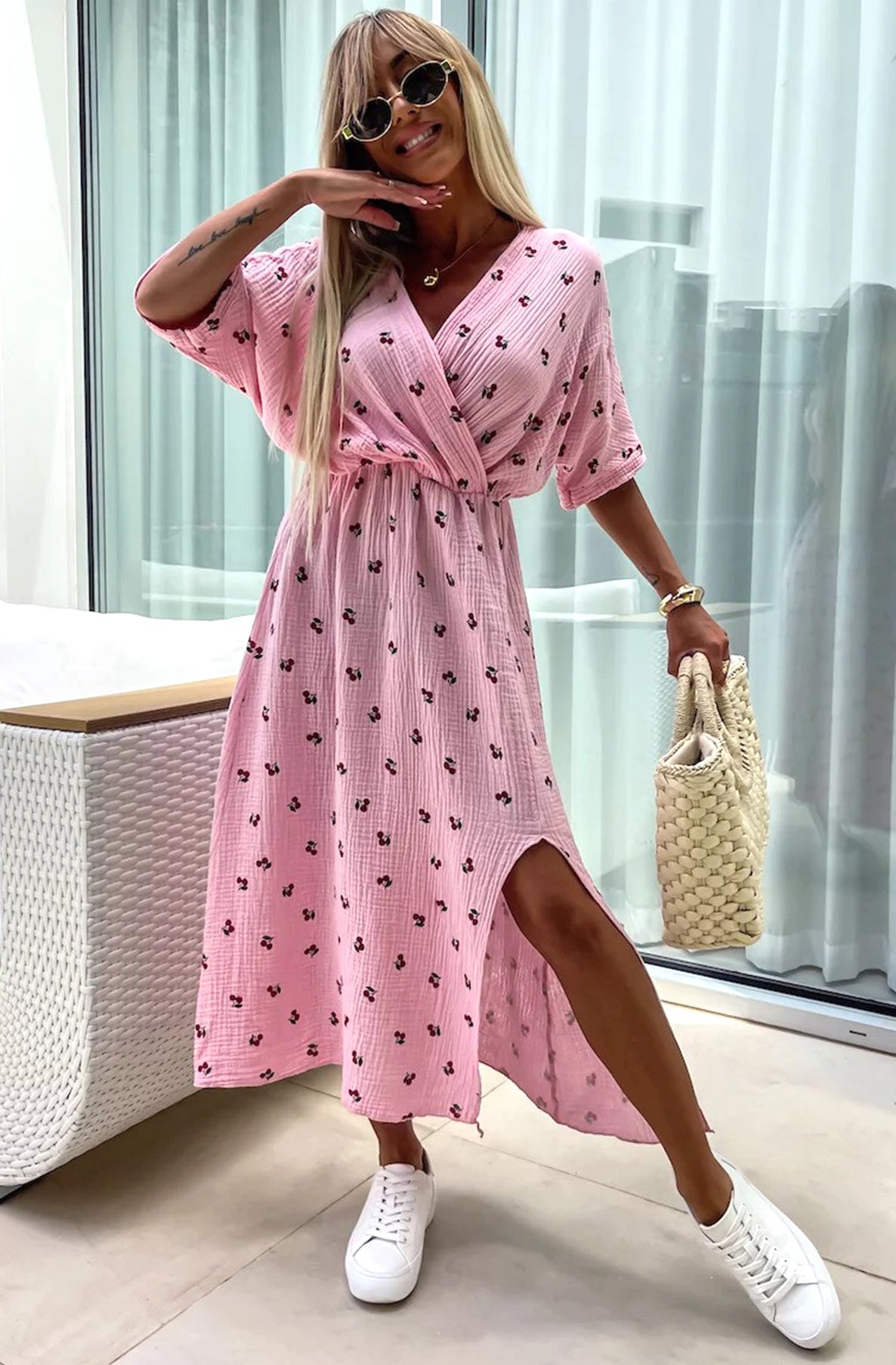 Pink Midi Cherry Wrap Dress