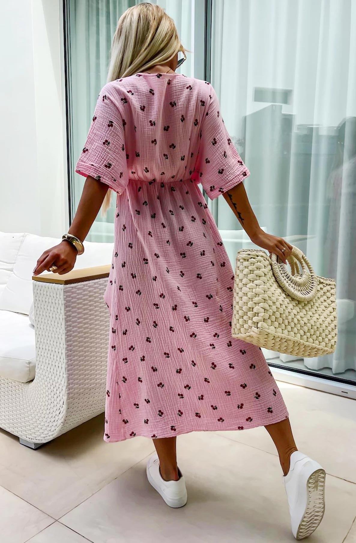 Pink Midi Cherry Wrap Dress