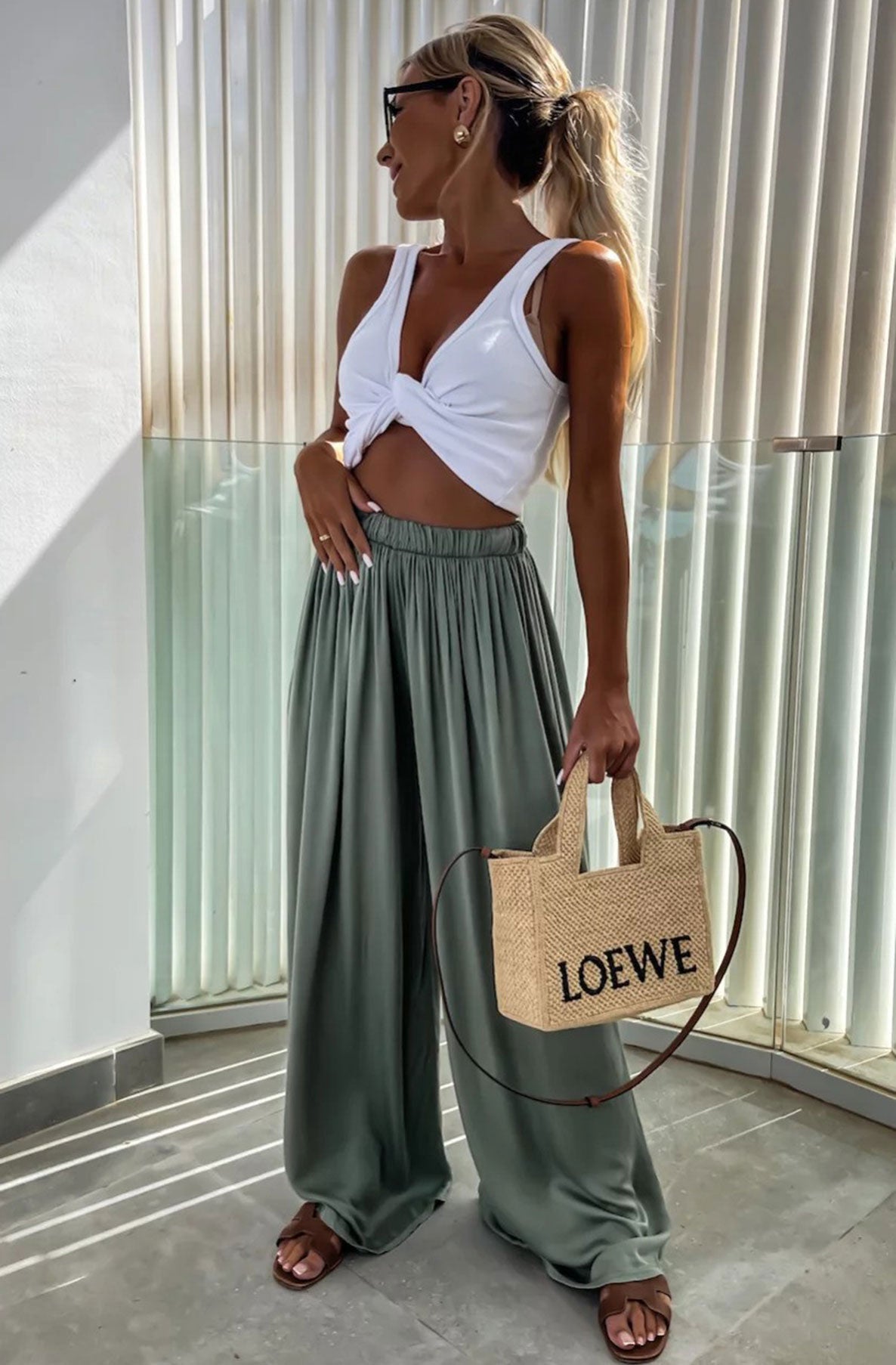 Olive Green Wide Leg Trousers