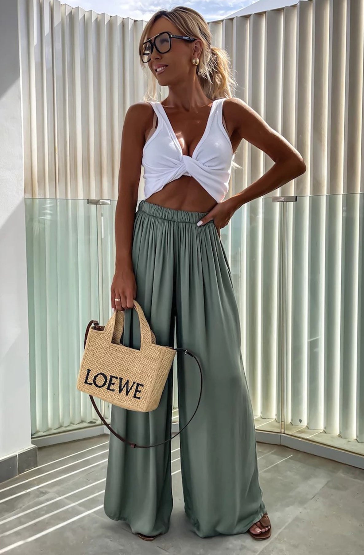 Olive Green Wide Leg Trousers