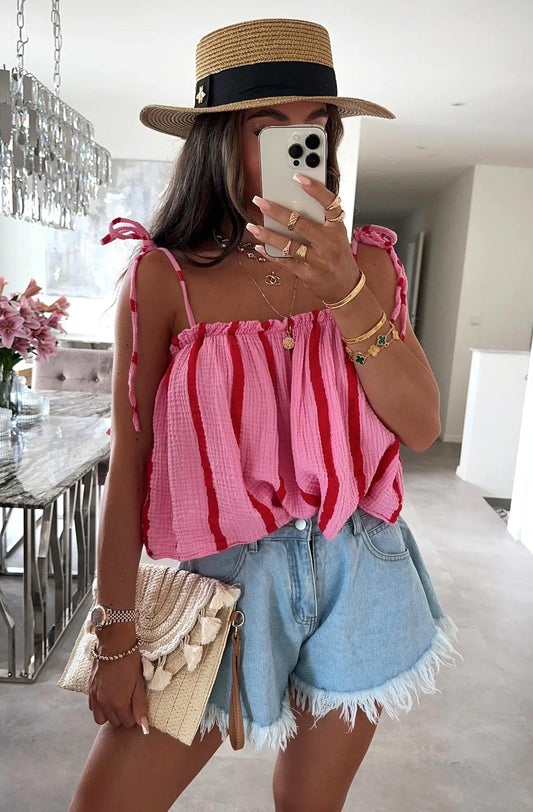 Red and Pink Tie Up Striped Crop Top