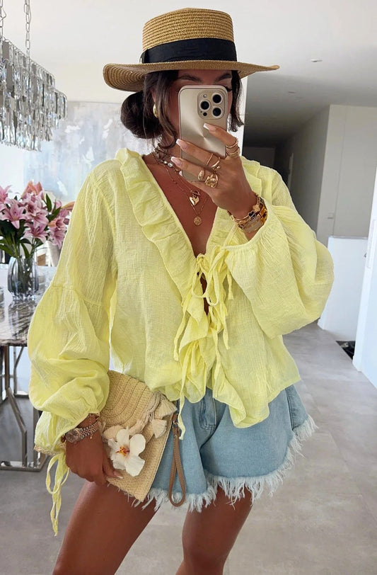 Yellow Frill Tie Up Blouse