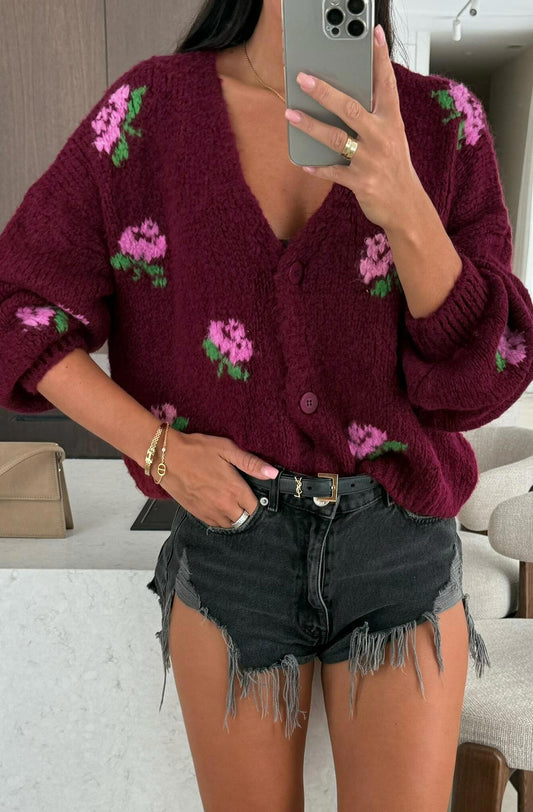 Burgundy Flower Knit Cardigan
