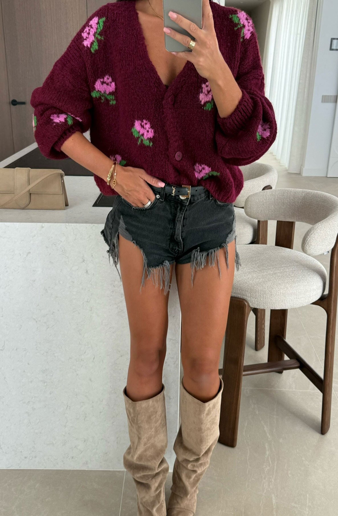 Burgundy Flower Knit Cardigan
